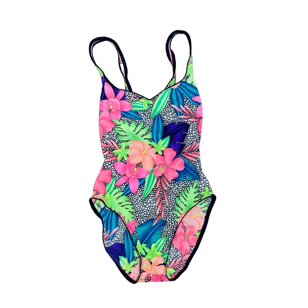 Vintage Sassafras Neon Floral Abstract One-Piece High-Cut Swimsuit Size 13/14